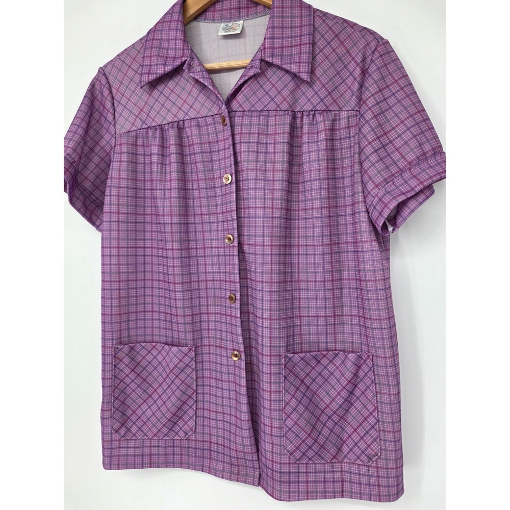 Vintage Land & Sea Purple Lunch Lady Top Pockets Buttons Short Sleeve Size 36